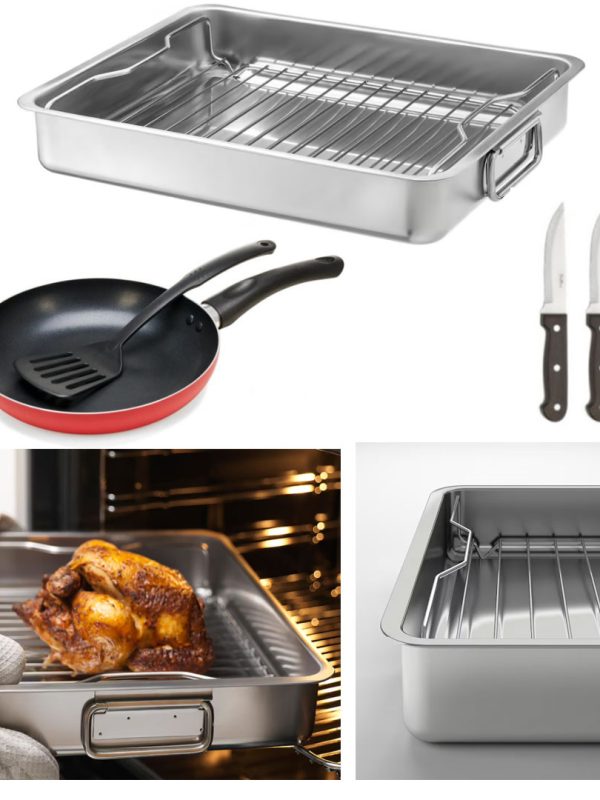 Tava cu gratar inox 40x32x6,5cm + Tigaie aluminiu teflonat + CADOU Set 3 cutite inox