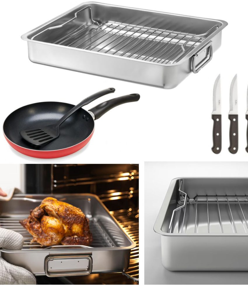 Tava cu gratar inox 40x32x6,5cm + Tigaie aluminiu teflonat + CADOU Set 3 cutite inox