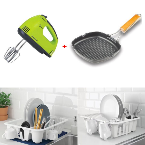 Tigaie grill, antiaderenta, cu maner ergonomic, pliabil si detasabil + Suport vase alb, cu suport pahare + Mixer electric! Pachet 3 produse!