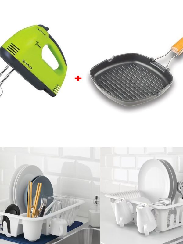 Tigaie grill, antiaderenta, cu maner ergonomic, pliabil si detasabil + Suport vase alb, cu suport pahare + Mixer electric! Pachet 3 produse!
