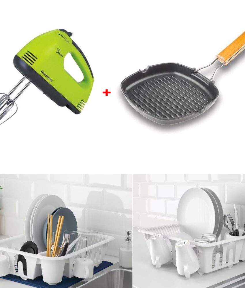 Tigaie grill, antiaderenta, cu maner ergonomic, pliabil si detasabil + Suport vase alb, cu suport pahare + Mixer electric! Pachet 3 produse!
