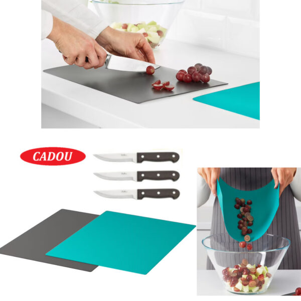 Set 2 tocatoare bucatarie, flexibile, antiaderente, gri/turcoaz 28x36 cm + CADOU Set 3 cutite inox