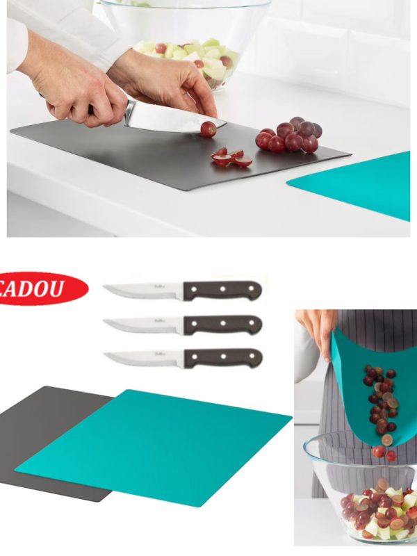 Set 2 tocatoare bucatarie, flexibile, antiaderente, gri/turcoaz 28x36 cm + CADOU Set 3 cutite inox