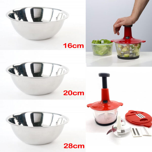 Tocator manual Vanora Home Bony multifunctional, 4 lame inox, capacitate 2l, razatoare + Set 3 boluri mixare inox 16/20/28cm Vanora