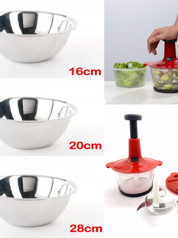 Tocator manual Vanora Home Bony multifunctional, 4 lame inox, capacitate 2l, razatoare + Set 3 boluri mixare inox 16/20/28cm Vanora