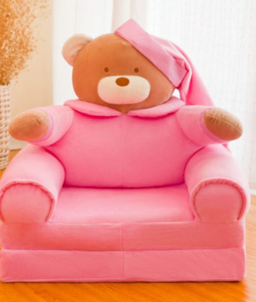 Fotoliu din plus, Teddy Bear, 80cm, extensibil, galben/roz