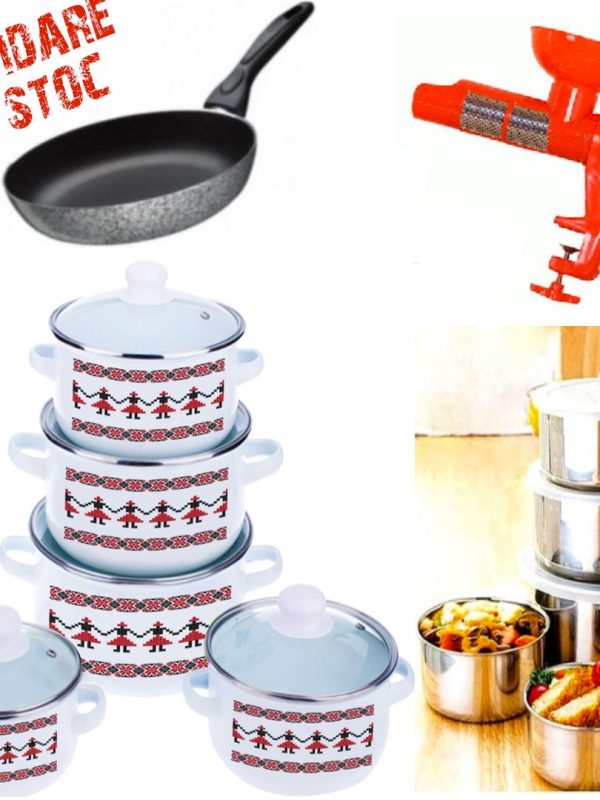 Set gatit 10 piese Vanora Premium + Tigaie teflon Delis 24cm + Set 10 piese vase inox cu capace + Cadou Aparat de stors rosii!