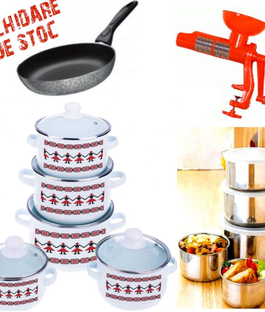 Set gatit 10 piese Vanora Premium + Tigaie teflon Delis 24cm + Set 10 piese vase inox cu capace + Cadou Aparat de stors rosii!
