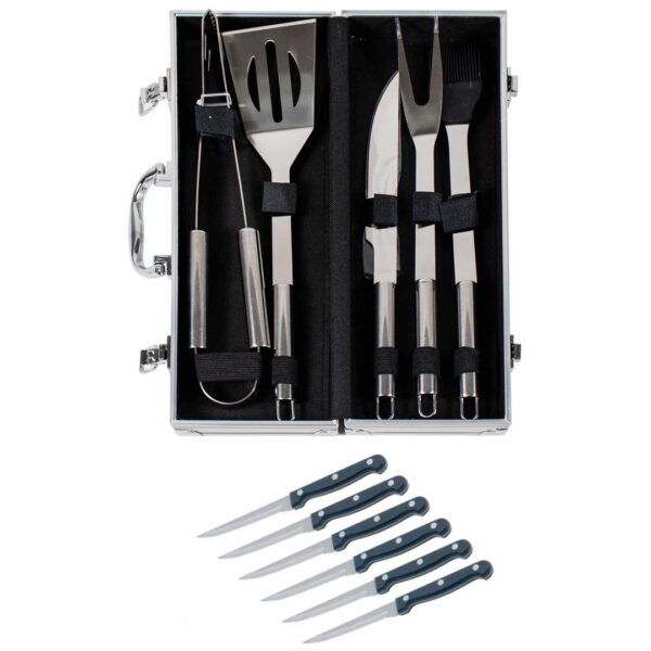 Set Ustensile gratar, 5 piese in geanta diplomat de aluminiu / 844 + Cadou 6 cutite inox pentru friptura