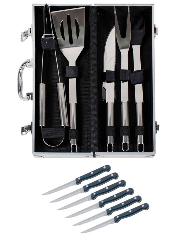Set Ustensile gratar, 5 piese in geanta diplomat de aluminiu / 844 + Cadou 6 cutite inox pentru friptura