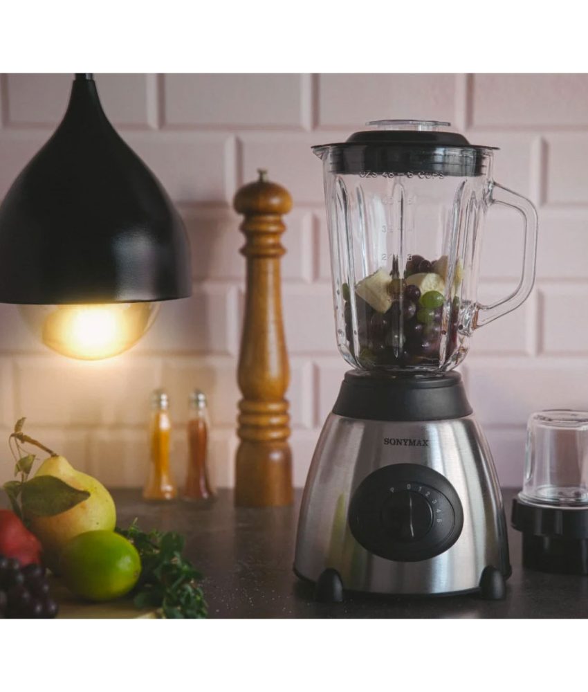 Blender electric Inox/sticla, SonyMax 5 viteze SN-8066S, 1.5l cu Rasnita Cafea, 8 cutite, corp inox, cana sticla