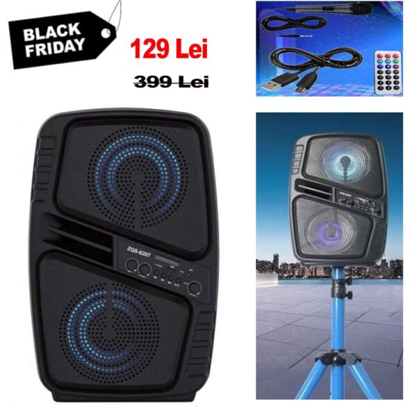 Cea mai buna calitate a sunetului! Boxa Activa portabila ZQS6207, 150W, Karaoke, Radio FM, Bluetooth, USB, AUX, Leduri colorate pentru efect Disco + Microfon si Telecomanda!