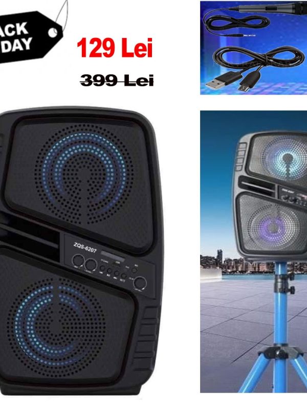 Cea mai buna calitate a sunetului! Boxa Activa portabila ZQS6207, 150W, Karaoke, Radio FM, Bluetooth, USB, AUX, Leduri colorate pentru efect Disco + Microfon si Telecomanda!