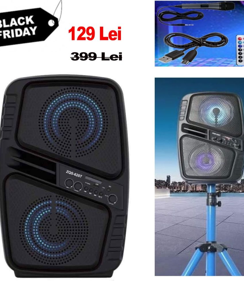 Cea mai buna calitate a sunetului! Boxa Activa portabila ZQS6207, 150W, Karaoke, Radio FM, Bluetooth, USB, AUX, Leduri colorate pentru efect Disco + Microfon si Telecomanda!