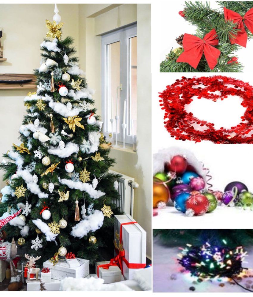 Brad artificial stufos, 1,8m Complet impodobit cu beteala, globuri, ornamente, fundite, instalatie luminoasa