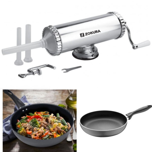 Aparat profesional de facut carnati, aluminiu, 3 tulumbe si ventuza de fixare + Cadou Tigaie aluminiu teflonat, non-stick!