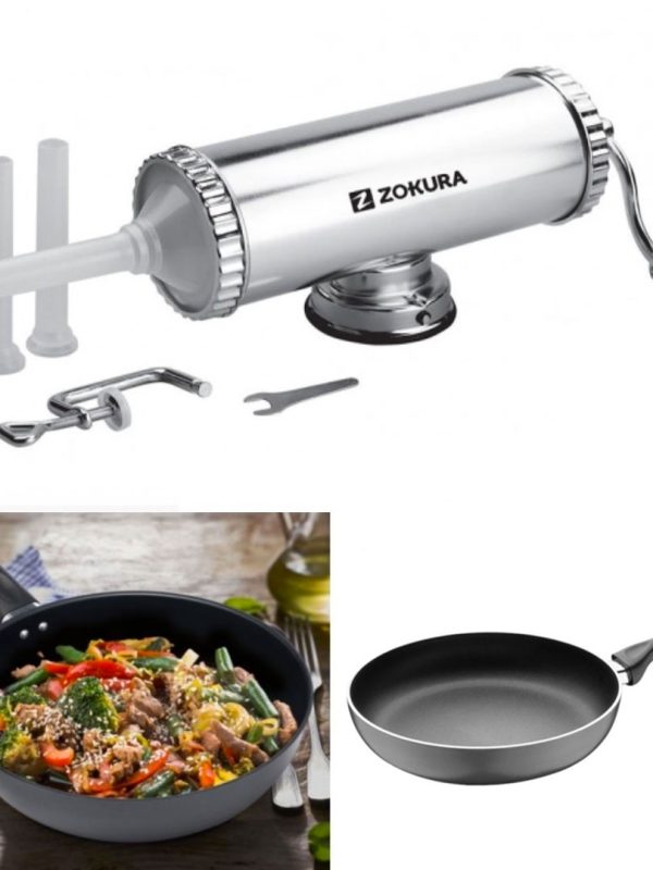 Aparat profesional de facut carnati, aluminiu, 3 tulumbe si ventuza de fixare + Cadou Tigaie aluminiu teflonat, non-stick!