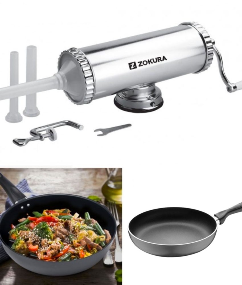 Aparat profesional de facut carnati, aluminiu, 3 tulumbe si ventuza de fixare + Cadou Tigaie aluminiu teflonat, non-stick!