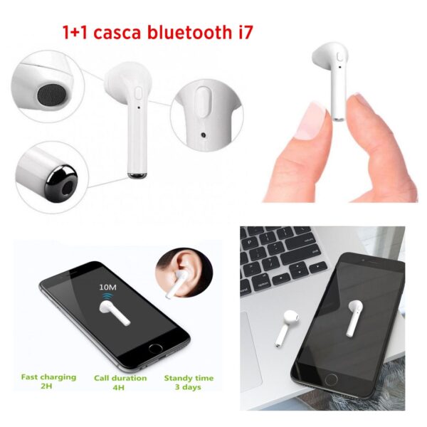1+1 CADOU! Mini Casca Bluetooth i7 cu design minimalist excelenta pentru a asculta muzica sau a raspunde la telefon!
