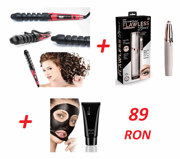 Ondulator de par + Trimmer sprancene Flowless Brows + Cadou masca neagra