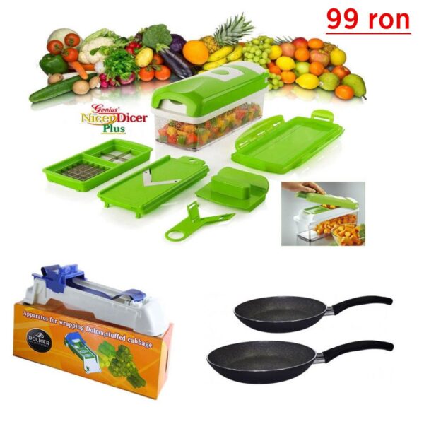 Razatoarea Nicer Dicer 9 piese, 11 moduri de taiere + Set 2 Tigai teflonate + Aparat profesional de facut sarmale