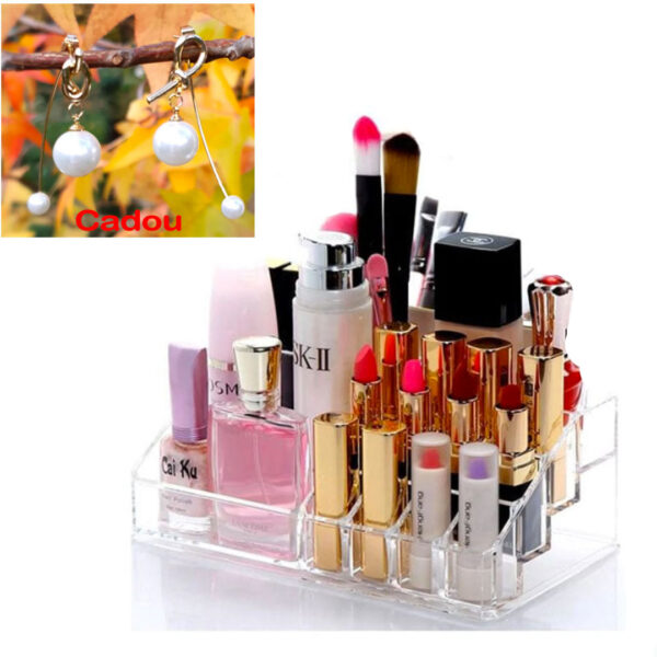 Organizator Crystal Clear make-up + Trusa profesionala farduri + Rujuri solide + Set 5 Pensule machiaj + Cadou Cercei 2 in 1 cu perla, placati cu aur de 14k