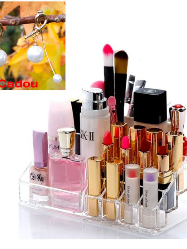 Organizator Crystal Clear make-up + Trusa profesionala farduri + Rujuri solide + Set 5 Pensule machiaj + Cadou Cercei 2 in 1 cu perla, placati cu aur de 14k