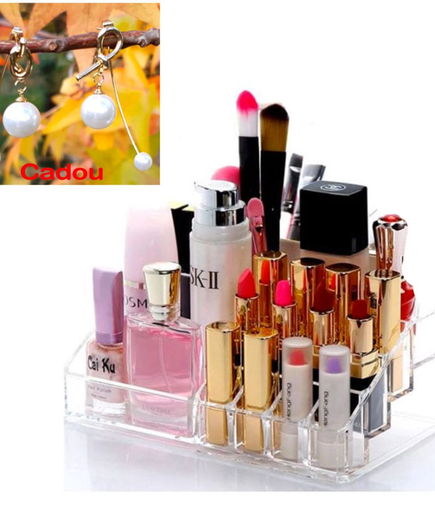 Organizator Crystal Clear make-up + Trusa profesionala farduri + Rujuri solide + Set 5 Pensule machiaj + Cadou Cercei 2 in 1 cu perla, placati cu aur de 14k