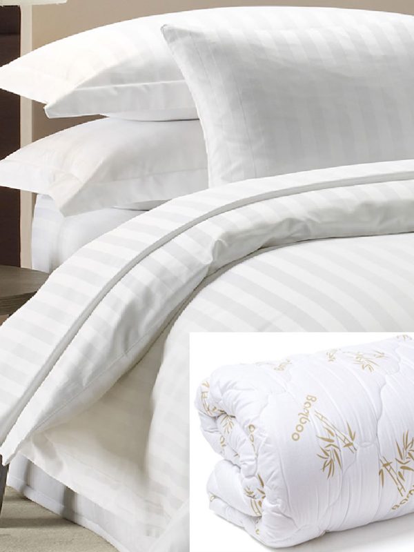 Lenjerie de pat Damasc Policoton, 4 piese, pentru pat dublu + Pilota Bamboo, fibra bambus, 200x220cm, 400g