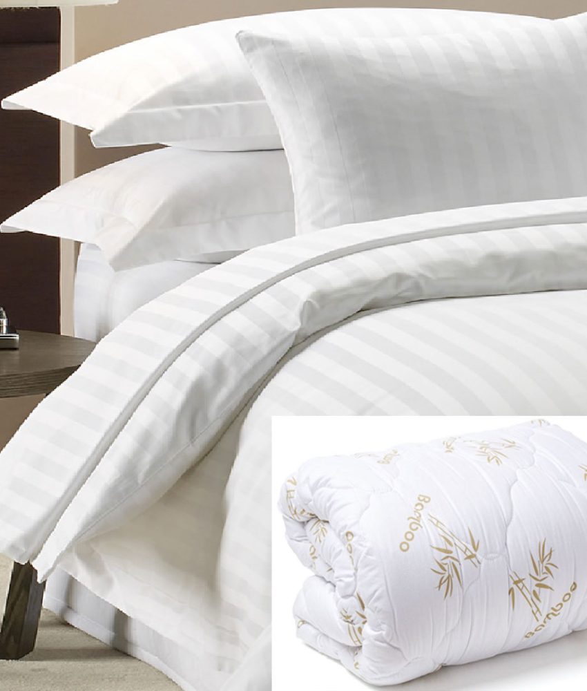 Lenjerie de pat Damasc Policoton, 4 piese, pentru pat dublu + Pilota Bamboo, fibra bambus, 200x220cm, 400g