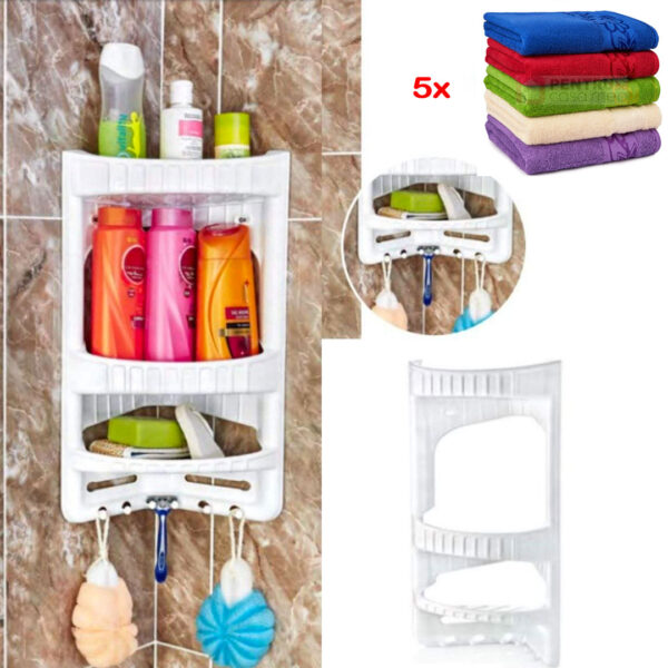 Etajera colt baie, alba + Set 5 prosoape bumbac 100%, 50x30cm, diferite culori