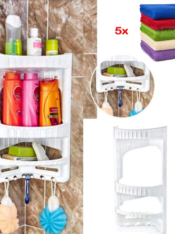 Etajera colt baie, alba + Set 5 prosoape bumbac 100%, 50x30cm, diferite culori