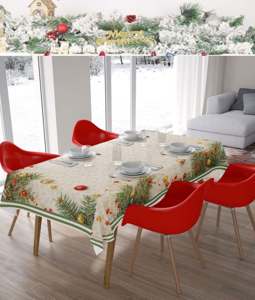 Fata de masa cu motive de Craciun sau alba pentru 6 persoane, 150x220cm + Serviciu de masa, alb, 12 farfurii, sticla securizata, aspect portelan