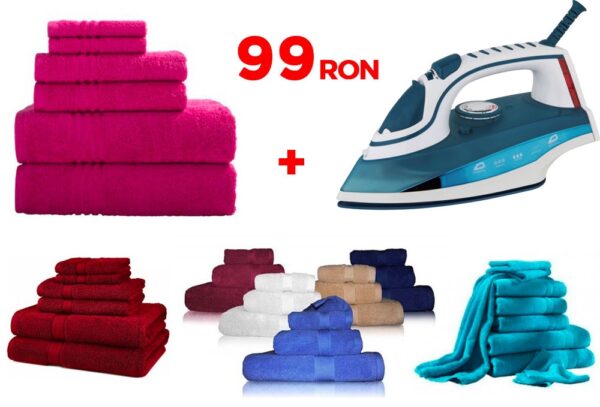 Set 6 prosoape bumbac Pakistan LUXURY tip Hotel diferite culori + CADOU Fier de calcat cu aburi ultra slide!