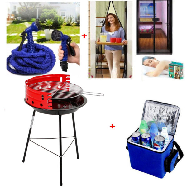 Gratar portabil BBQ, pentru gradina/camping + Furtun extensibil Magic Hose 30m, Pistol de stropit + Perdea insecte Magic Mash + Cadou sacosa frigorifica!