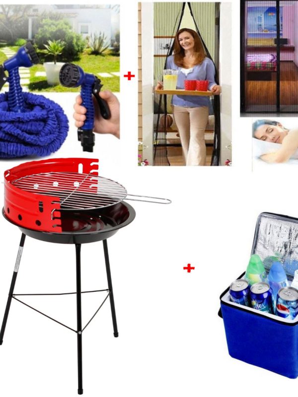 Gratar portabil BBQ, pentru gradina/camping + Furtun extensibil Magic Hose 30m, Pistol de stropit + Perdea insecte Magic Mash + Cadou sacosa frigorifica!
