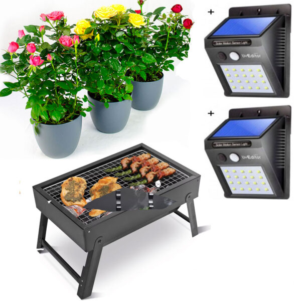 Gratar De Gradina, Barbeque, Portabil, Pliabil, Tip Valiza, Grill + 3 Trandafiri infloriti, in ghivece, diferite soiuri/culori + Set 2 Lampi solare Ever Brite, cu senzor de miscare!