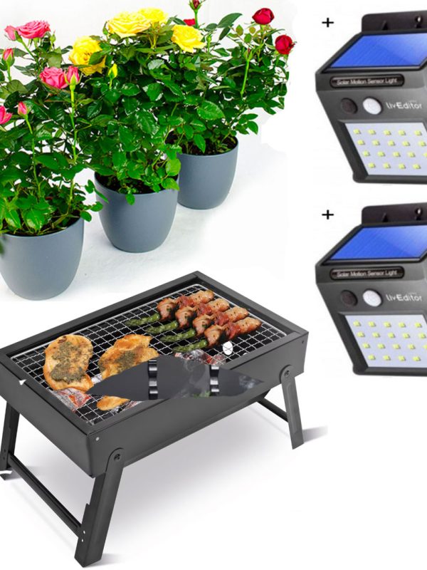 Gratar De Gradina, Barbeque, Portabil, Pliabil, Tip Valiza, Grill + 3 Trandafiri infloriti, in ghivece, diferite soiuri/culori + Set 2 Lampi solare Ever Brite, cu senzor de miscare!