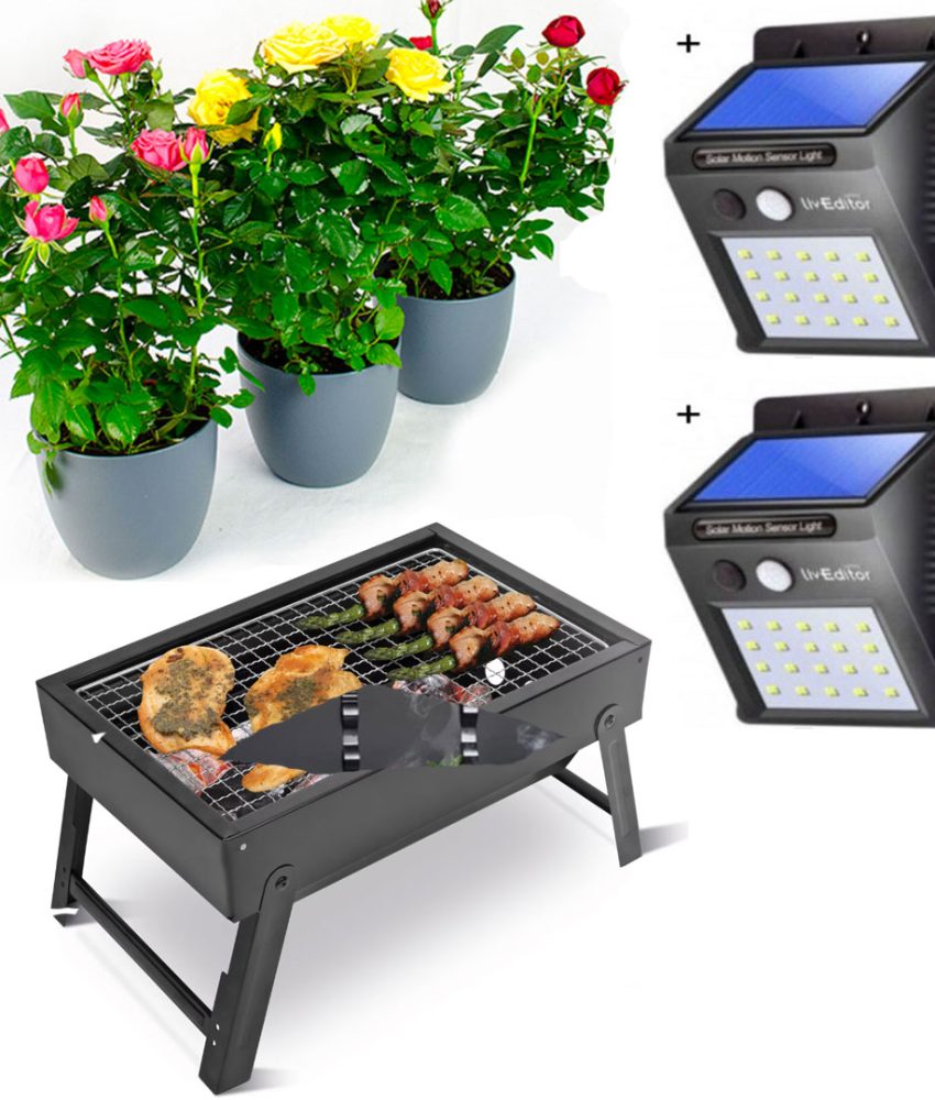 Gratar De Gradina, Barbeque, Portabil, Pliabil, Tip Valiza, Grill + 3 Trandafiri infloriti, in ghivece, diferite soiuri/culori + Set 2 Lampi solare Ever Brite, cu senzor de miscare!