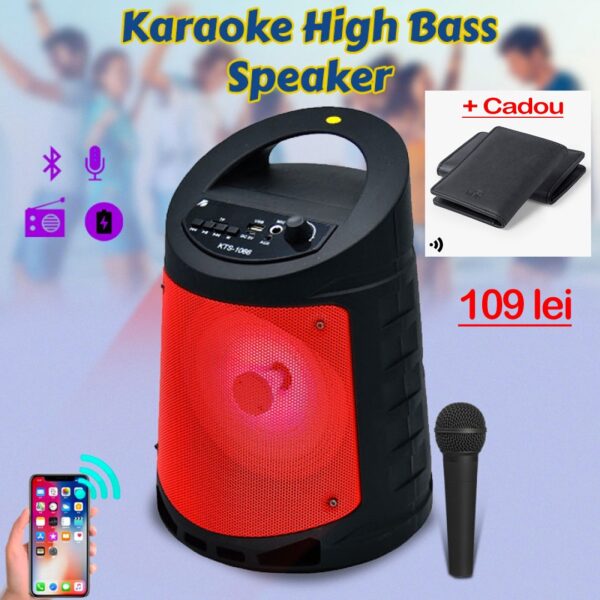 Reduceri Finale! Boxa portabila cu subwoofer KTS 1066, Radio FM, Karaoke, Bluetooth, 200W, Telecomanda + Microfon, Bass puternic, USB + Cadou Portofel carduri!