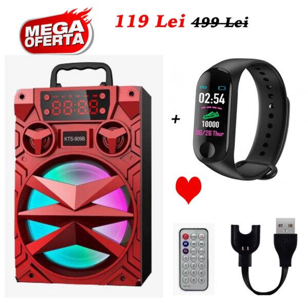 OFERTA SOC! Boxa Portabila KTS 909C, HI-FI, Conectare Bluetooth, Port USB, TF Card, AUX IN, Jack 3,5mm, Telecomanda + Ceas Fitness Inteligent, cu Bluetooth, Conectare IOS si Android, Monitorizare puls si ritm cardiac!