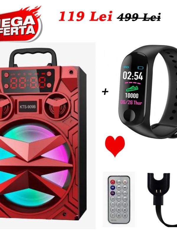 OFERTA SOC! Boxa Portabila KTS 909C, HI-FI, Conectare Bluetooth, Port USB, TF Card, AUX IN, Jack 3,5mm, Telecomanda + Ceas Fitness Inteligent, cu Bluetooth, Conectare IOS si Android, Monitorizare puls si ritm cardiac!