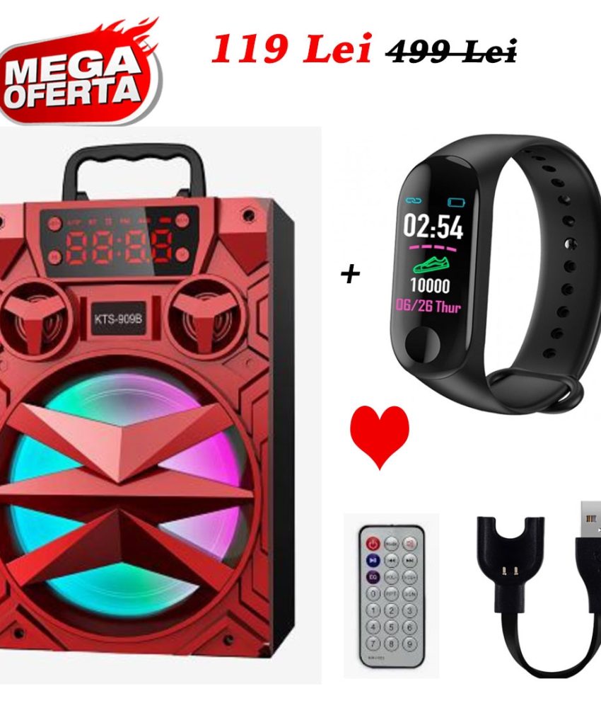 OFERTA SOC! Boxa Portabila KTS 909C, HI-FI, Conectare Bluetooth, Port USB, TF Card, AUX IN, Jack 3,5mm, Telecomanda + Ceas Fitness Inteligent, cu Bluetooth, Conectare IOS si Android, Monitorizare puls si ritm cardiac!
