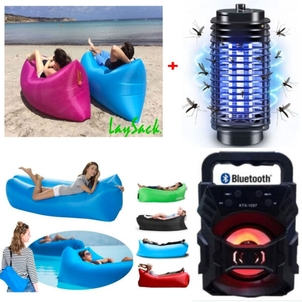 Set 2 Sezlonguri gonflabile + Lampa UV impotriva insectelor + cadou Boxa portabila cu Bluetooth, Radio FB, Aux, Mic, leduri disco, Karaoke