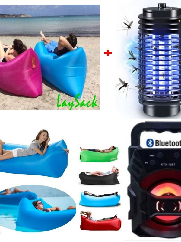 Set 2 Sezlonguri gonflabile + Lampa UV impotriva insectelor + cadou Boxa portabila cu Bluetooth, Radio FB, Aux, Mic, leduri disco, Karaoke