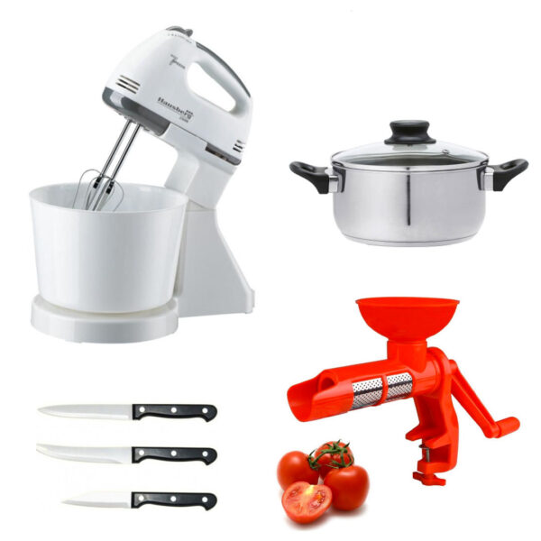 Mixer electric cu bol, 250w + Oala inox cu Capac 3l + Aparat de tocat rosii + Cadou Set 3 cutite inox