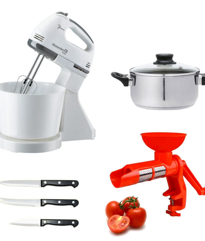 Mixer electric cu bol, 250w + Oala inox cu Capac 3l + Aparat de tocat rosii + Cadou Set 3 cutite inox