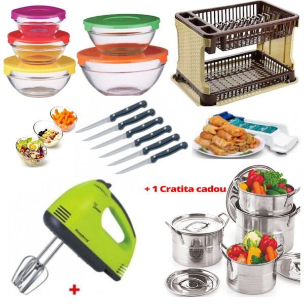 Pachet Mixt Bucatarie: Mixer electric 7 viteze, 4 palete + Suport de vase tip ratan cu tava de scurgere + Set 10 piese vase sticla cu capace ermetice + Set 6 Cutite Friptura + Aparat de facut sarmale + Cadou 1 Cratita inox cu capac!