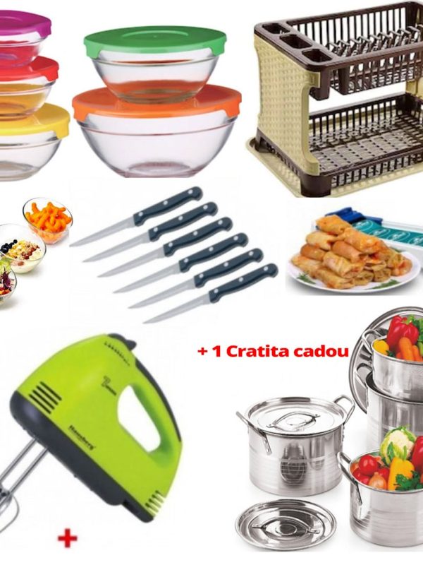 Pachet Mixt Bucatarie: Mixer electric 7 viteze, 4 palete + Suport de vase tip ratan cu tava de scurgere + Set 10 piese vase sticla cu capace ermetice + Set 6 Cutite Friptura + Aparat de facut sarmale + Cadou 1 Cratita inox cu capac!