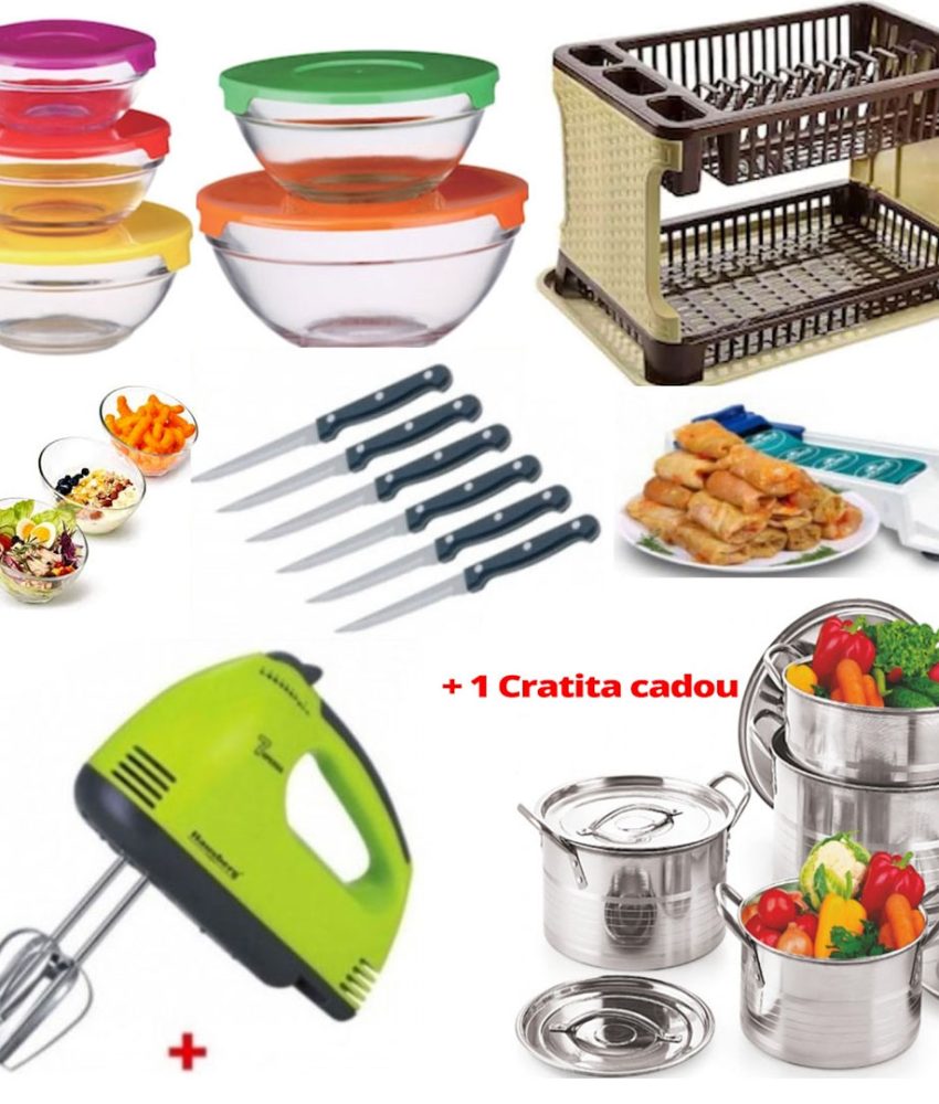Pachet Mixt Bucatarie: Mixer electric 7 viteze, 4 palete + Suport de vase tip ratan cu tava de scurgere + Set 10 piese vase sticla cu capace ermetice + Set 6 Cutite Friptura + Aparat de facut sarmale + Cadou 1 Cratita inox cu capac!